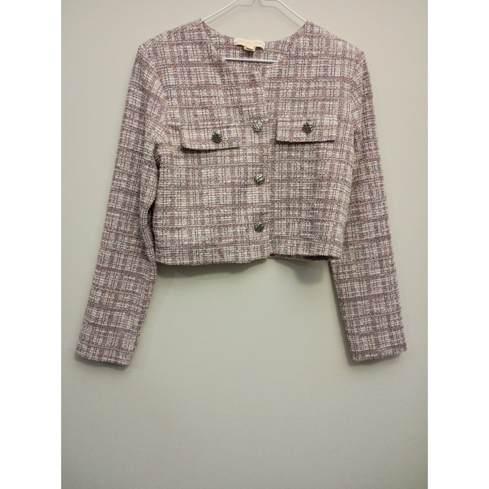 Monteau Los Angeles Womens Purple Tweed Cropped Jacket Plaid Button Up Medium